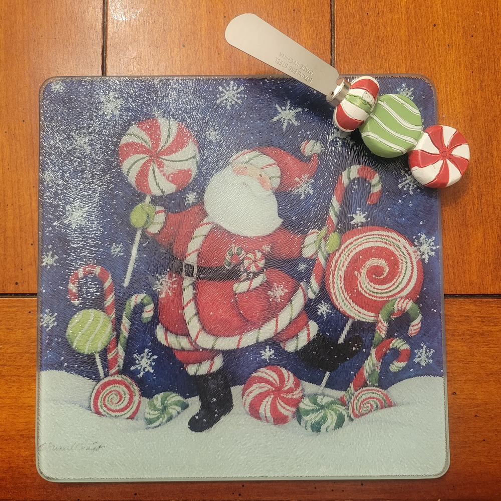Ceramic and Glass Cutting Board with Serving Knife - Christmas Santa Theme